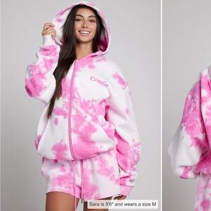 Cmfrt Pink and White Tie-Dye Zip Hoodie